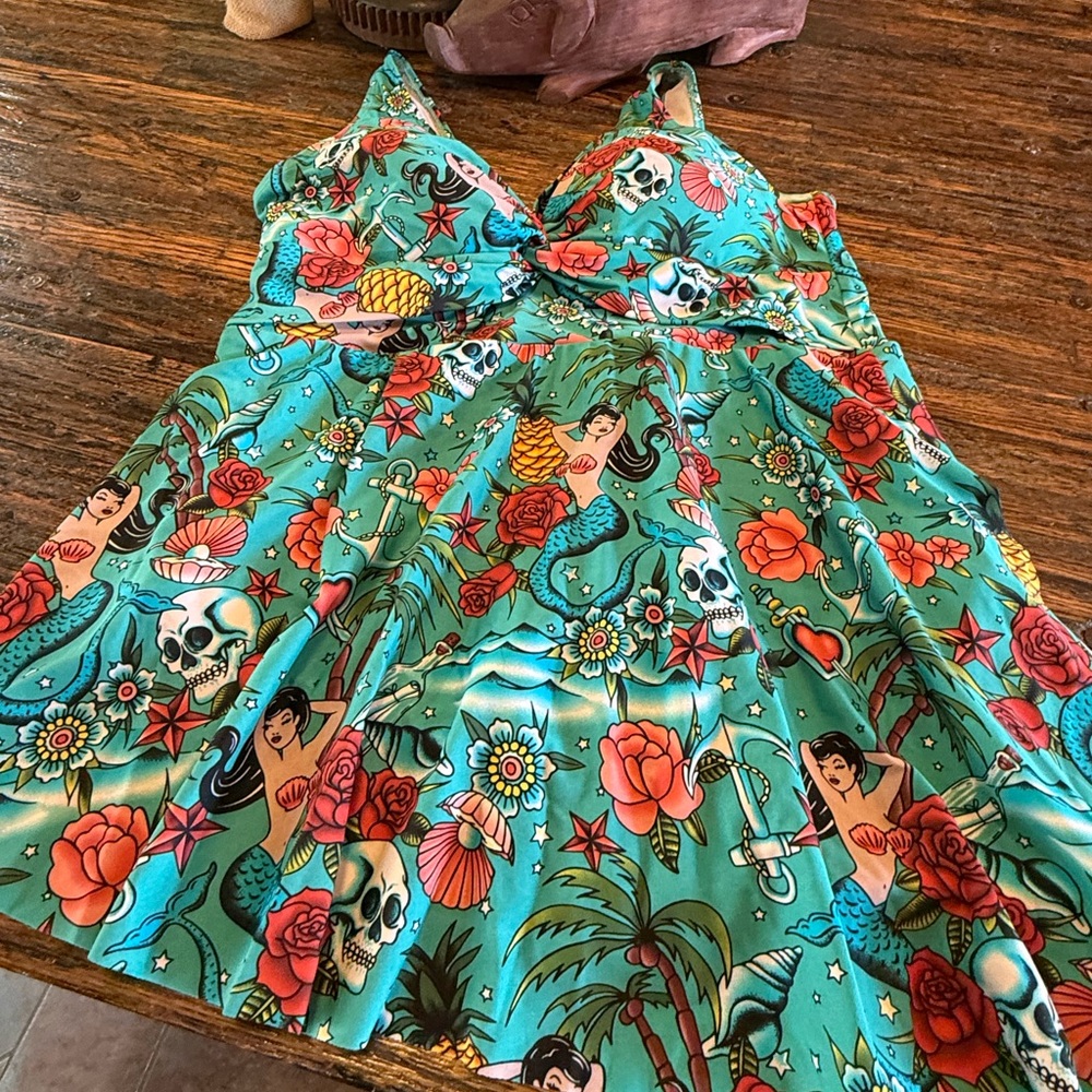 Torrid Aqua Skulls Colorful Mermaid Print Swimsuit Ocean Anchor Tropical 2X